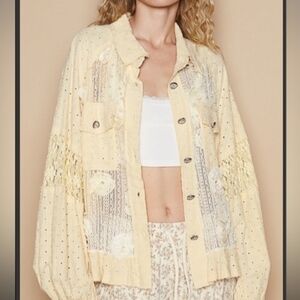 Yellow Lace Button-Up Blouse